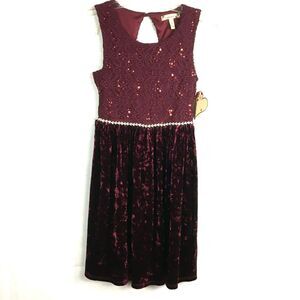 NWT Speechless Dress Girls Sz 14 Burgundy Sequin‎ Floral Lace Velvet Sleeveless
